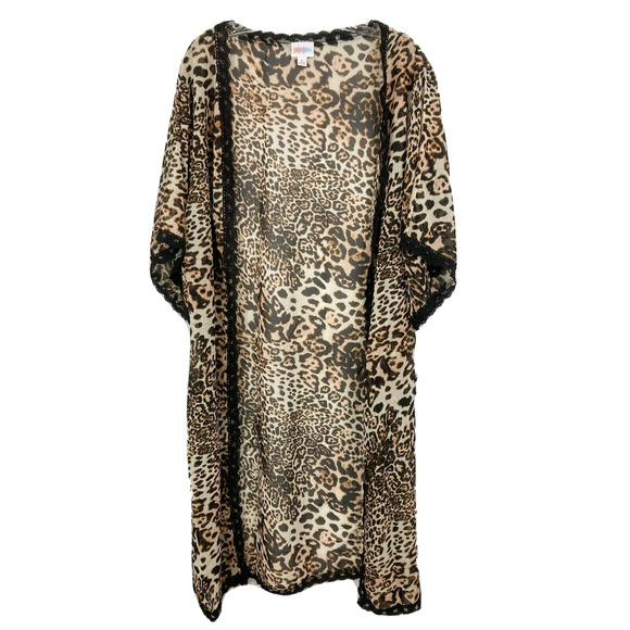 Lularoe Kimono Womens Sz S Brown Black Leopard‎ Chloe Bohemian Overlay Lace Trim - Picture 1 of 8